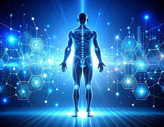 A futuristic, high-tech digital art piece showing a human silhouette with glowing cellular structures and data streams, representing biohacking.